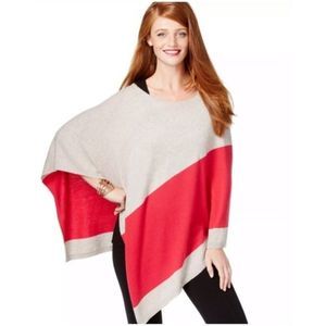 INC International Truffle and Red Color Block Wool Blend Sweater Poncho Cape